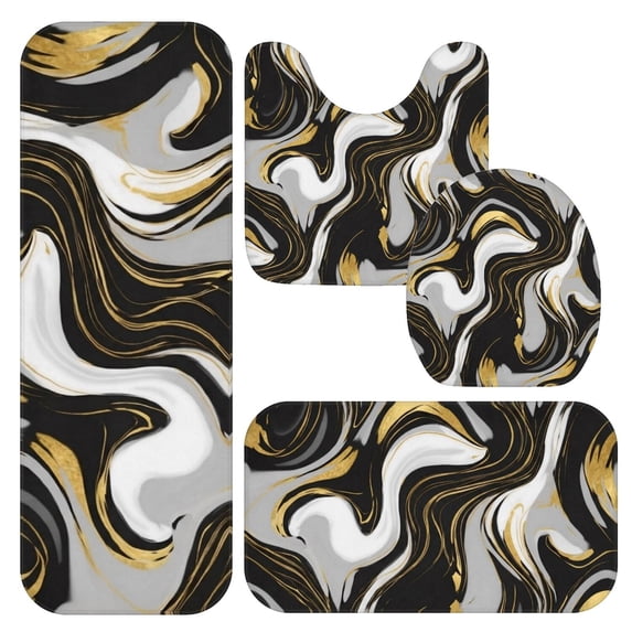 Black and Gold Marble Pattern Bathroom Rug Set 4 Piece,Includes Contour,Lid Cover,Bath Mat,Non-Slip Extra Soft Absorbent Washable