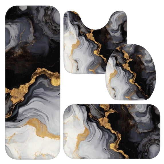Black and Gold Marble Pattern Bathroom Rug Set 4 Piece,Includes Contour,Lid Cover,Bath Mat,Non-Slip Extra Soft Absorbent Washable