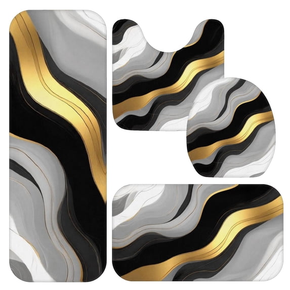 Black and Gold Marble Pattern Bathroom Rug Set 4 Piece,Includes Contour,Lid Cover,Bath Mat,Non-Slip Extra Soft Absorbent Washable