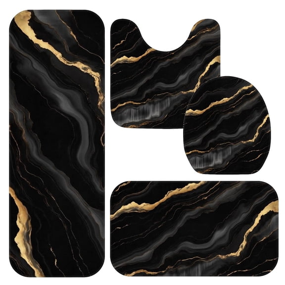 Black and Gold Marble Pattern Bathroom Rug Set 4 Piece,Includes Contour,Lid Cover,Bath Mat,Non-Slip Extra Soft Absorbent Washable