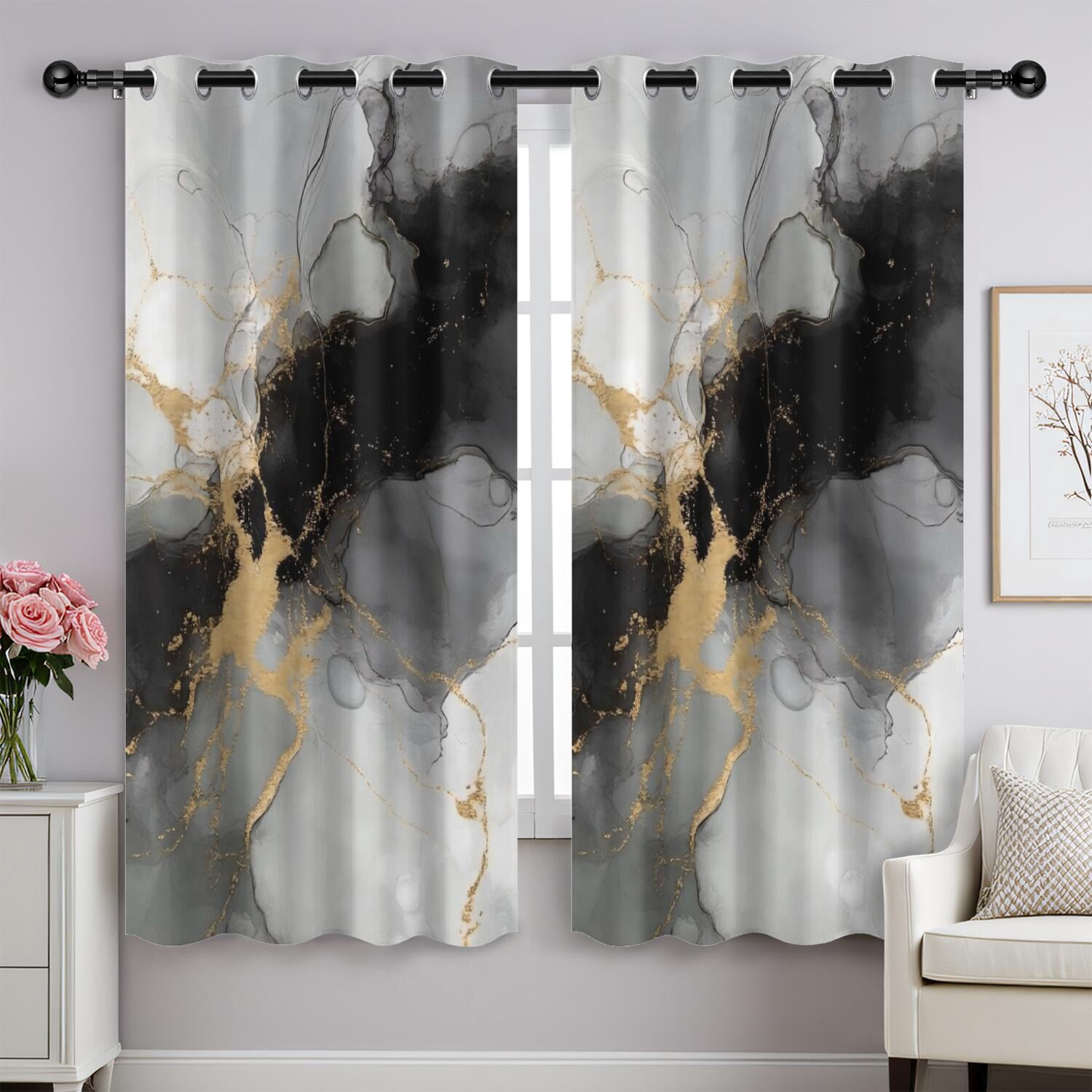 Black and Gold Marble Pattern Blackout Curtains,Triple Weaved Fabric ...