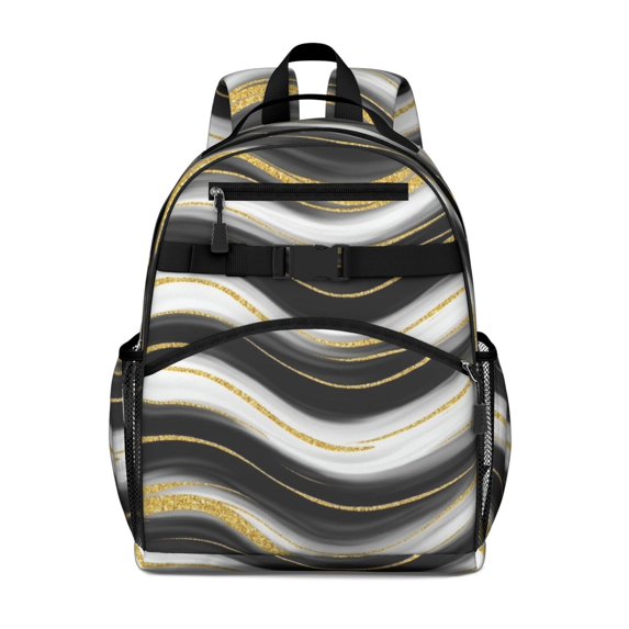 Black and Gold Marble Pattern Cute School Backpack Bag for School with Padded Back and Adjustable Shoulder Straps 15.25"x11.5"x5.25"