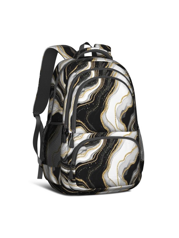 Black and Gold Marble Pattern Cute School Backpack Bag with Padded Back and Adjustable Shoulder Straps 16.9 X 12.6 X 5.9 Inches
