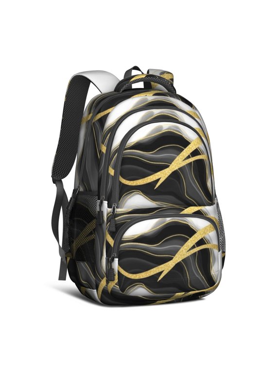 Black and Gold Marble Pattern Cute School Backpack Bag with Padded Back and Adjustable Shoulder Straps 16.9 X 12.6 X 5.9 Inches