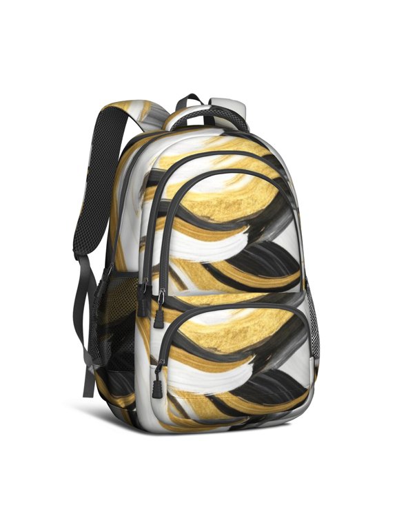 Black and Gold Marble Pattern Cute School Backpack Bag with Padded Back and Adjustable Shoulder Straps 16.9 X 12.6 X 5.9 Inches