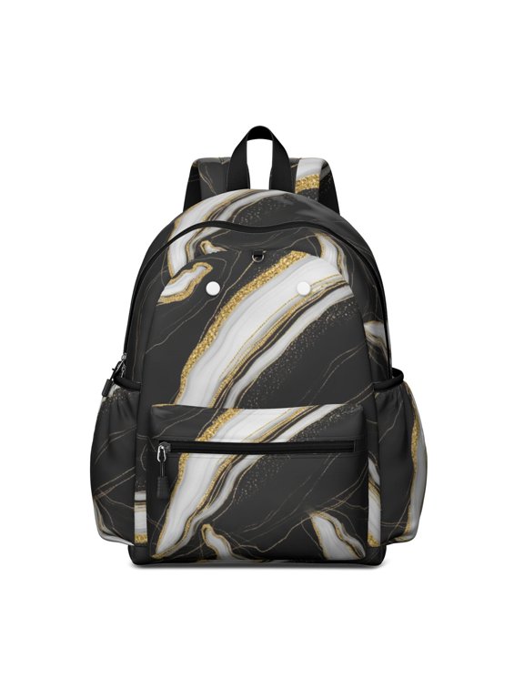 Black and Gold Marble Pattern Cute School Backpack with Padded Back and Adjustable Shoulder Straps 13.4"x11"x4.7"