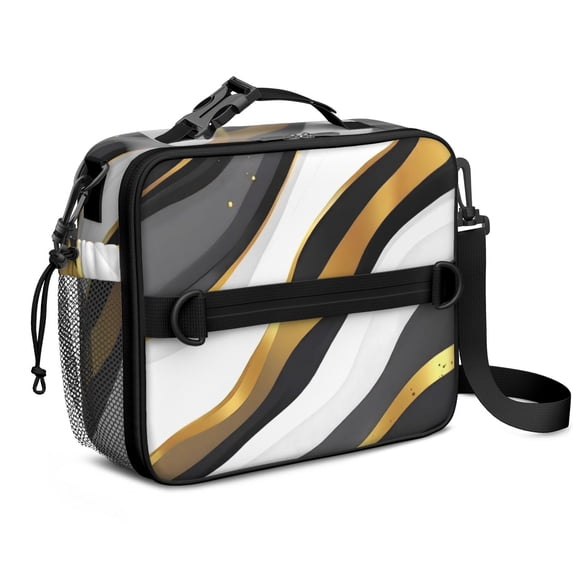 Black and Gold Marble Pattern Insulated Lunch Bag with Shoulder Strap and Bottle Holder,Bento School Lunch Bag Box,11x9.5x3.5 Inches