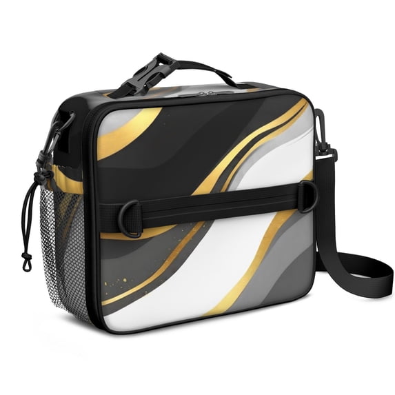 Black and Gold Marble Pattern Insulated Lunch Bag with Shoulder Strap and Bottle Holder,Bento School Lunch Bag Box,11x9.5x3.5 Inches