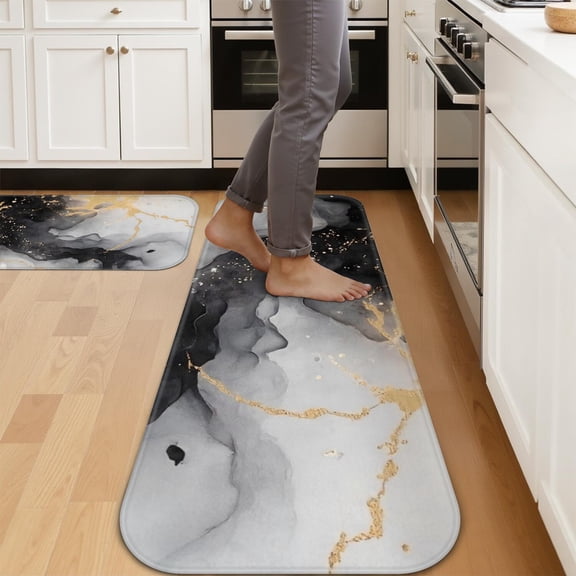 Black and Gold Marble Pattern Kitchen Mat Set Of 2,Anti-Fatigue Floor Mats, Non-Slip Standing Mats for Kitchen, 47x17 and 30x17 Inches