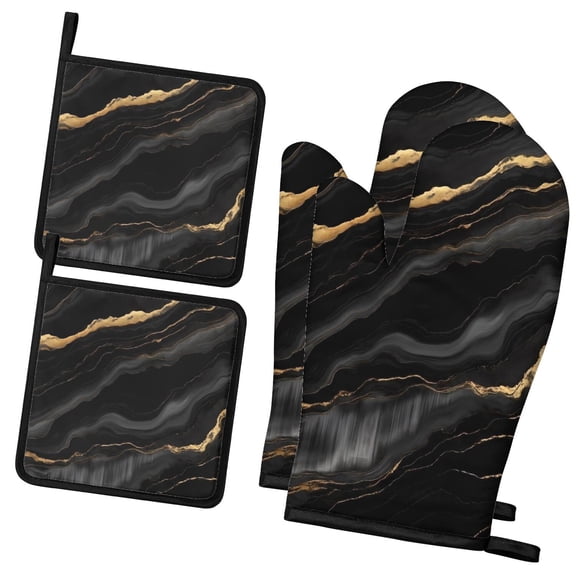 Black and Gold Marble Pattern Oven Mitts and Pot Holder Sets 2 Pcs for Kitchen Baking, Cooking and Grilling, Heat Resistant Up To 392 °F
