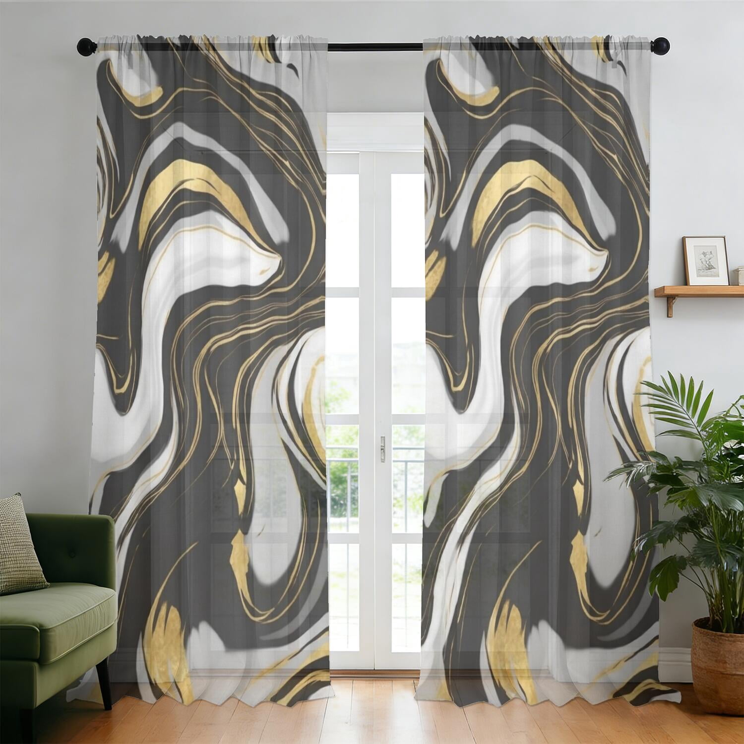 Black and Gold Marble Pattern Sheer Curtains, Rod Pocket Sheer Drapes ...