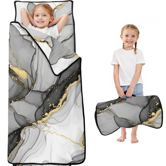Black and Gold Marble Pattern Teens Toddler Nap Mat with Pillow, Sleeping Mat Bag for Preschool Daycare 59"x22"