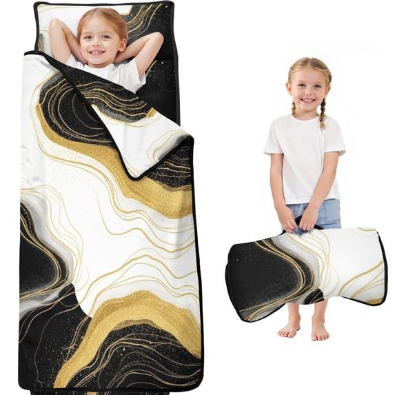 Black and Gold Marble Pattern Teens Toddler Nap Mat with Pillow, Sleeping Mat Bag for Preschool Daycare 59"x22"