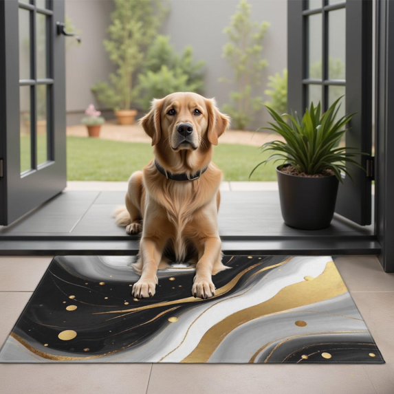 Black and Gold Marble Pattern Washable Non Slip Indoor Door Mat, Decorative Entry Rug for Entrance, Bedroom, Kitchen, Bathroom, 20"x32"