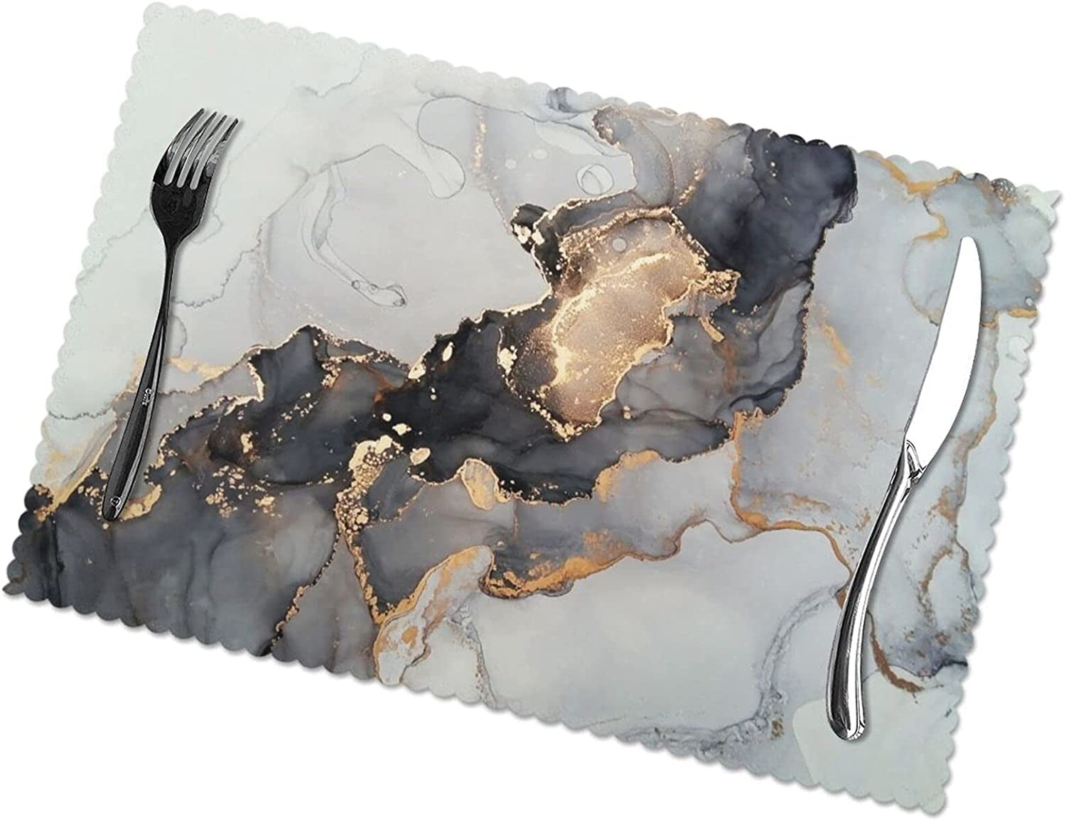 Black and Gold Marble Placemats for Dining Table Set of 6 WISH TREE Art