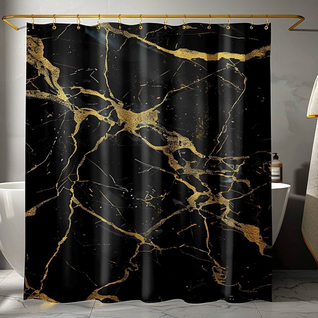 Black and Gold Marble Print Shower Curtain with Golden Veins Modern