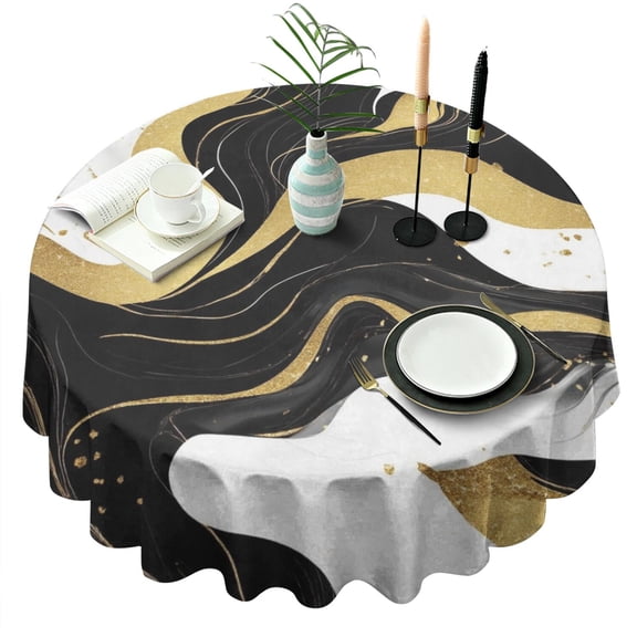 Black and Gold Marble Wavy Lines Pattern Round Tablecloth 60"x60",Wrinkle Wipeable Table Cloth for Kitchen Dining Room Picnic Patio Party