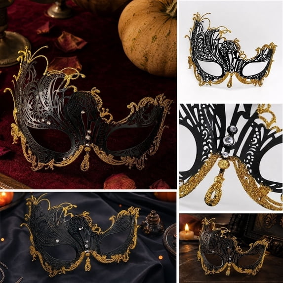 Black and Gold Masquerade Mask 6X6 Inch Venetian Metal Mask for Masquerade Party Halloween Mardi Gras Accessory for Men and Women 1 Pack