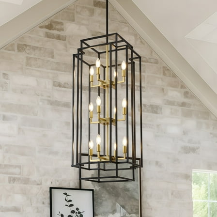 Black and Gold Modern Lantern Chandelier - Adjustable 12-Light Dimmable Farmhouse Pendant for High Ceilings