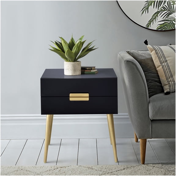 Black and Gold Nightstand with 2 Drawers, Compact Side Table for Small Spaces, Mid-Century Modern End Table with Metal Tapered Legs
