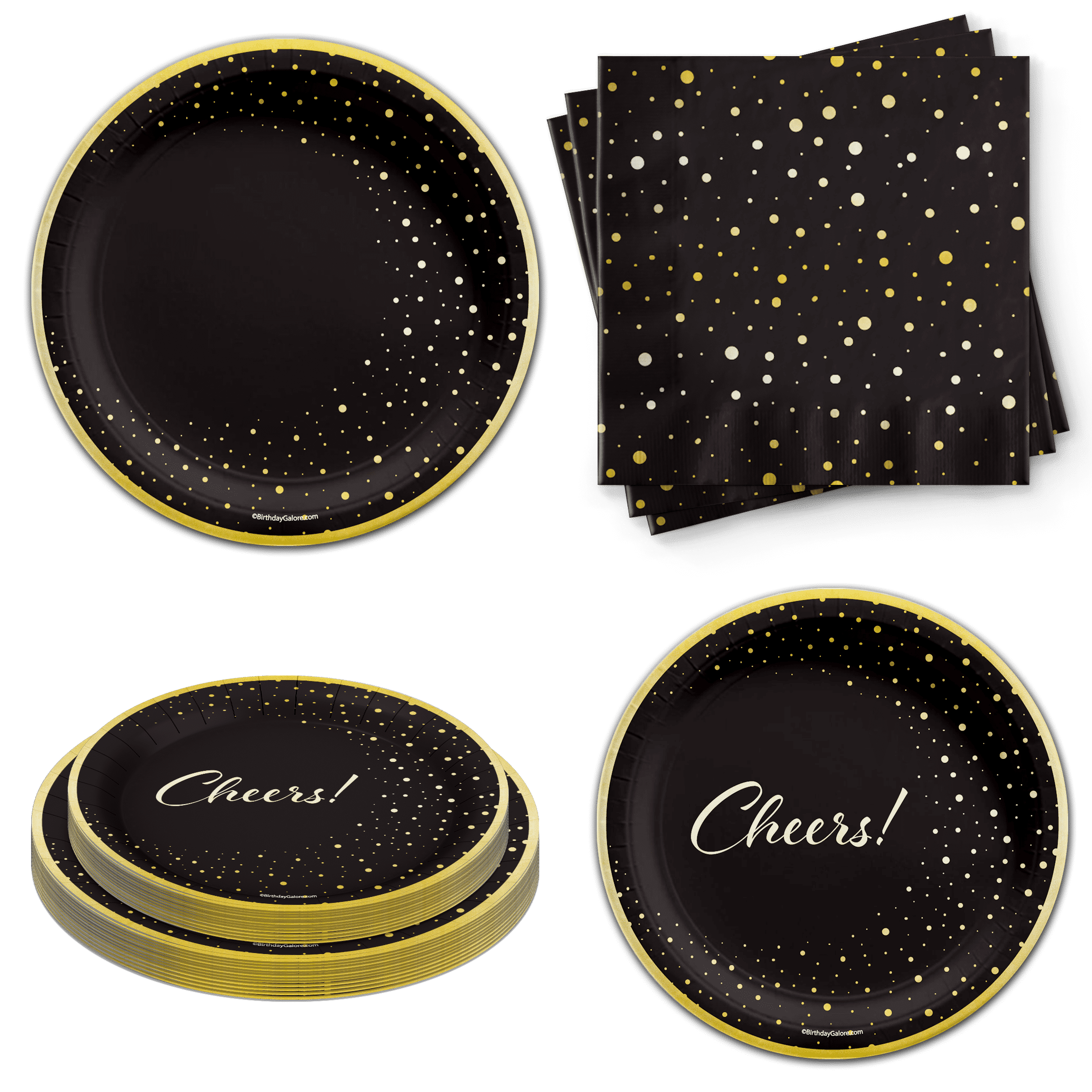 Black & Gold Party Tableware Set for 24 Includes Plates, Napkins
