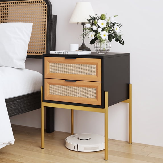 Veanerwood Black and Gold Rattan Nightstand