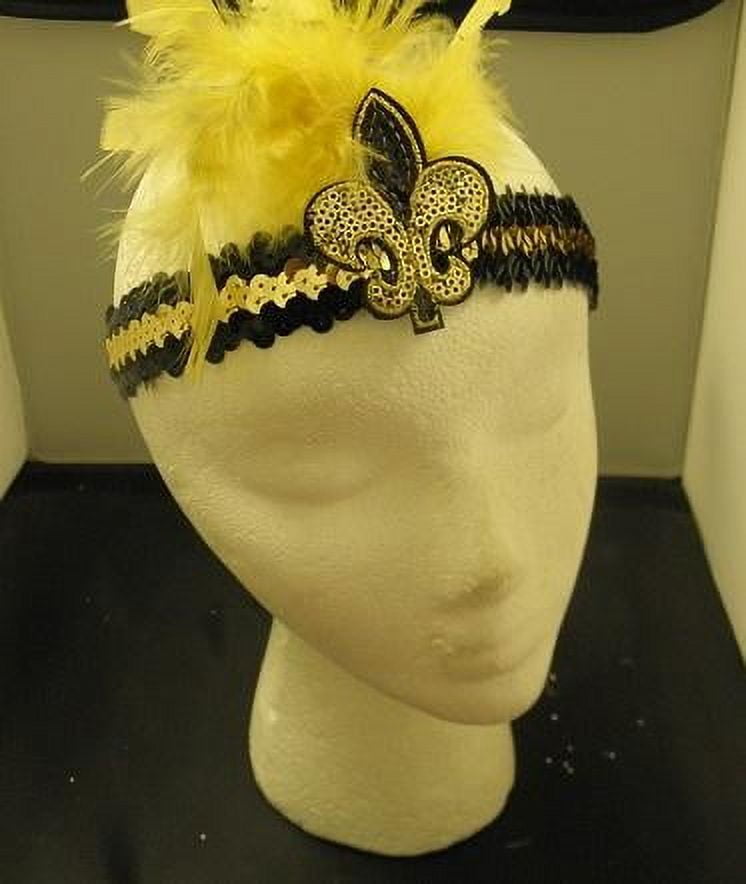 Black and Gold Sequin Headband with Fleur de Lis and Feathers (Each