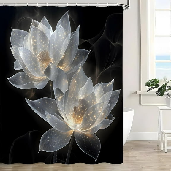 Black and Gold Shower Curtain Lotus Flower Elegant Blooming White Floral Relax Aesthetic Modern Bathroom Curtain with Hooks 72"W x 72"L