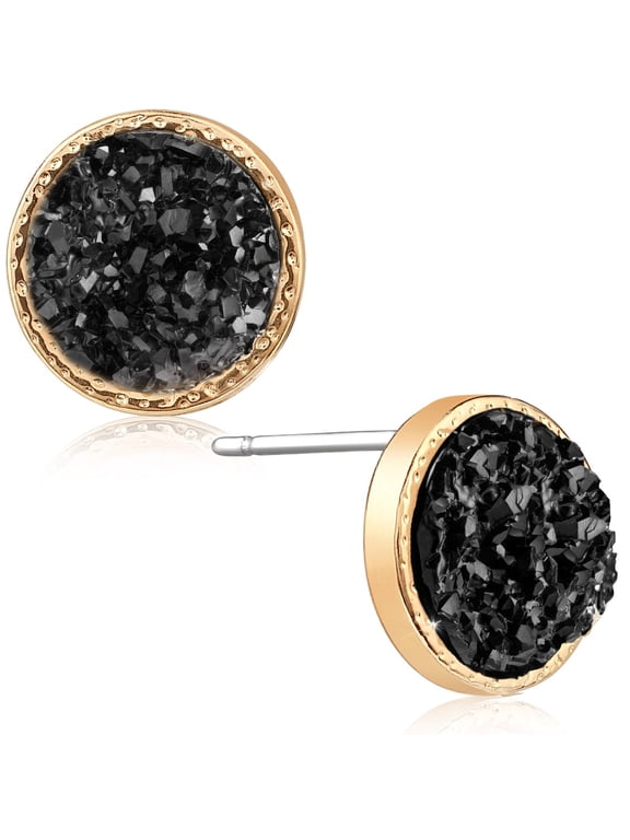 Black and Gold Tone Earrings for Women, Boho Faux Druzy Round Stud Earrings