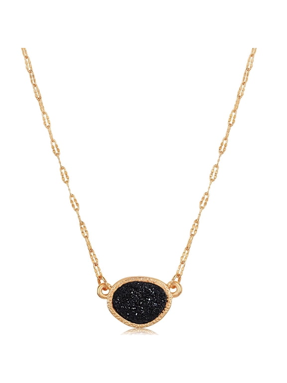 Black and Gold Tone Necklace - Faux Druzy Delicate Boho Pendant for Women
