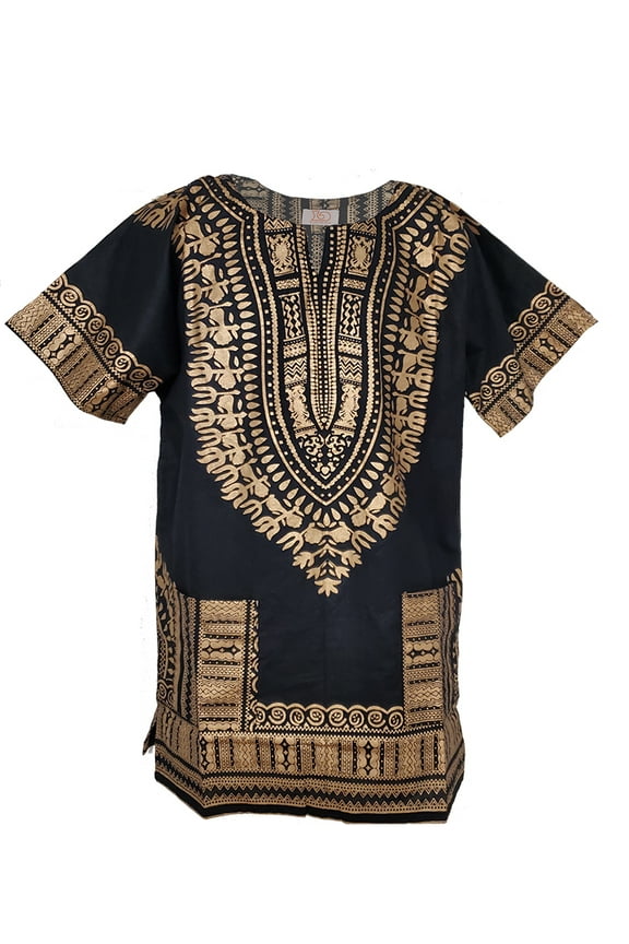 Black and Gold Traditional African Print Dashiki Shirt