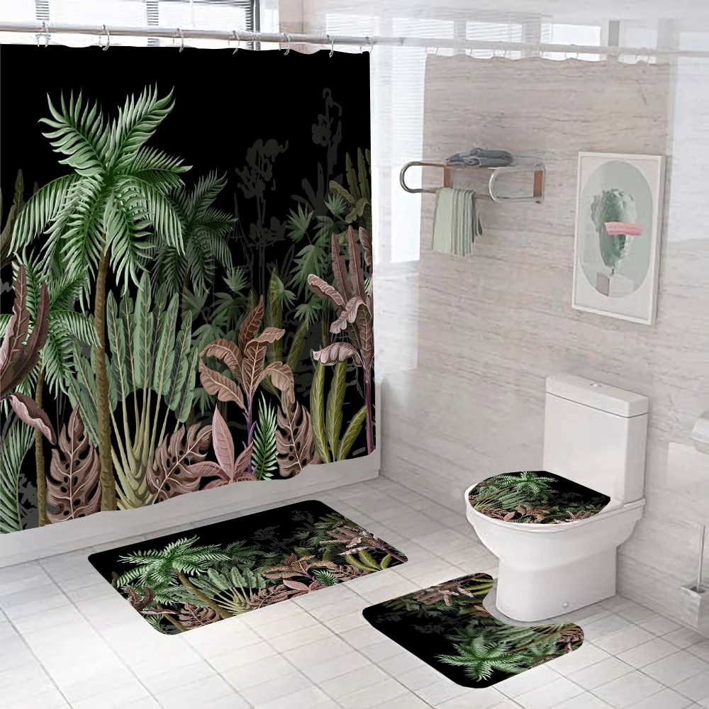 Black and Gold Tropical Plant Palm Leaf Bathroom Shower Curtain Set for Bathtub Exotic Leaves
