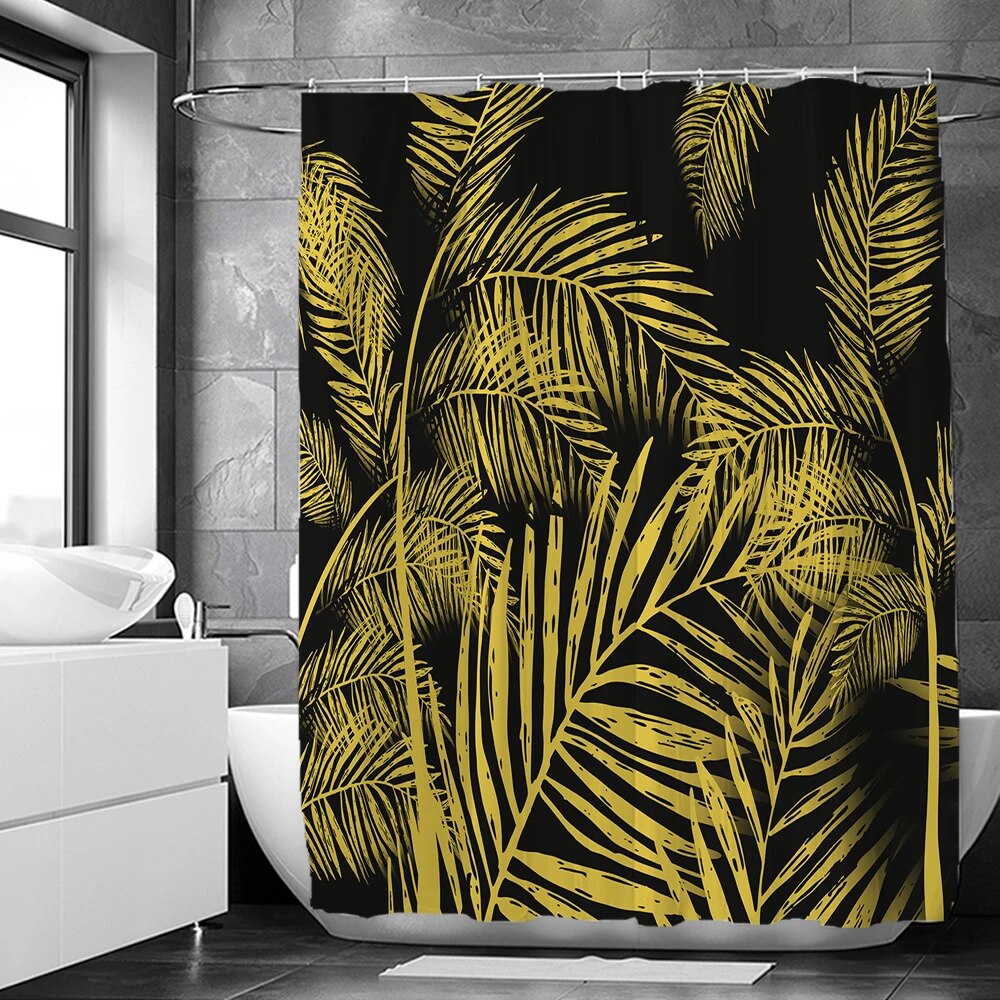 Black and Gold Tropical Plant Palm Leaf Bathroom Shower Curtain Set for Bathtub Exotic Leaves