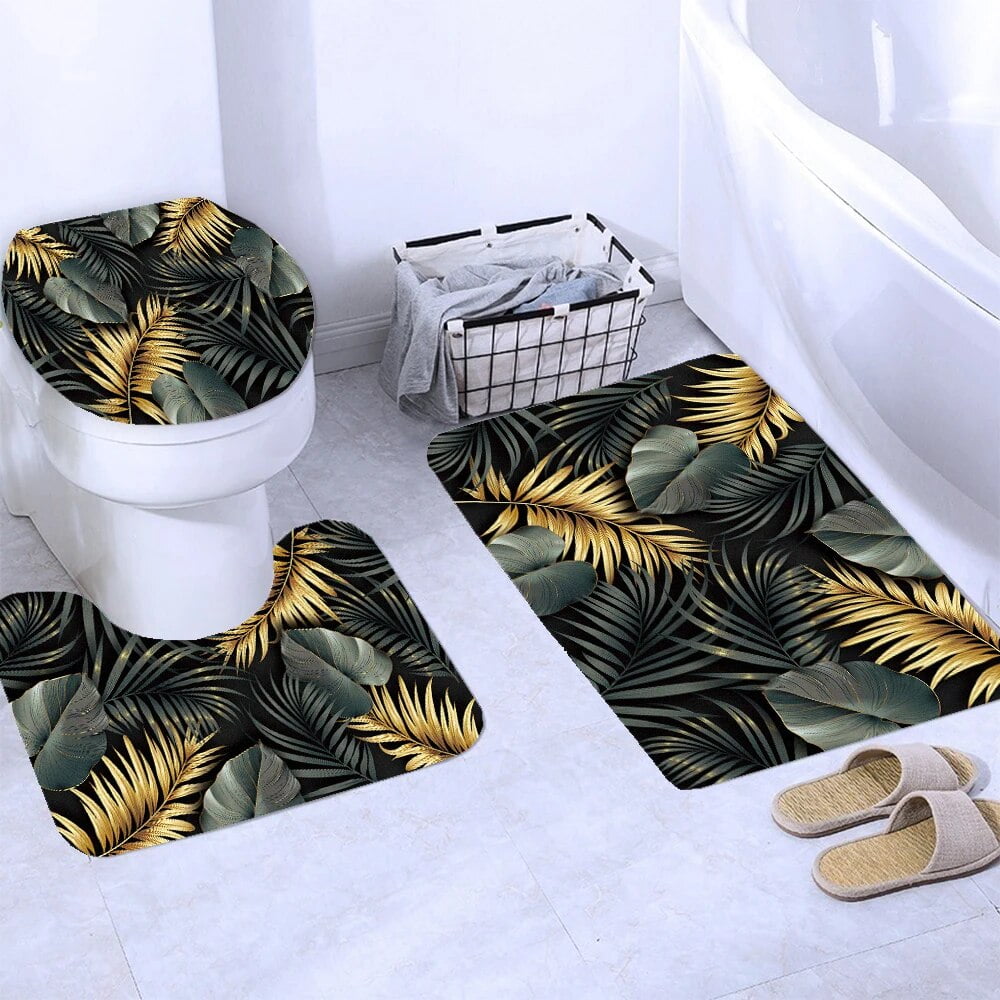 Black and Gold Tropical Plant Palm Leaf Bathroom Shower Curtain Set for ...