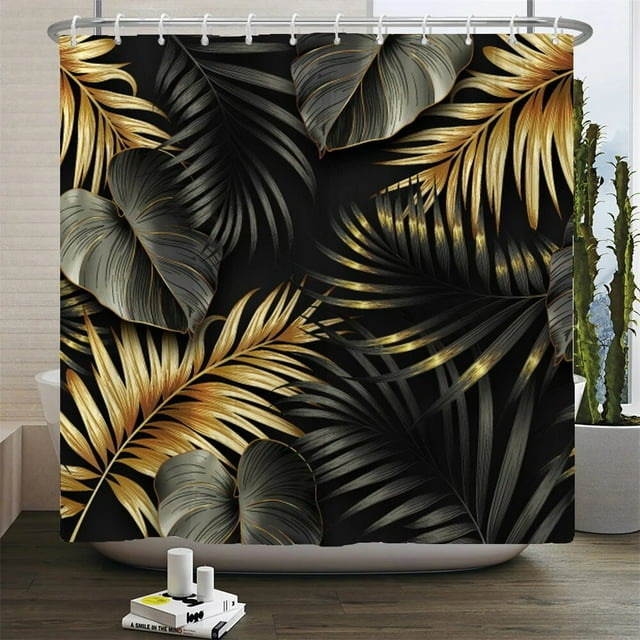Black and Gold Tropical Plant Palm Leaf Bathroom Shower Curtain Set for ...
