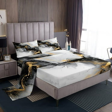 Black and Gold Twin Sheets Watercolor Marble Bed Set, Abstract Marbling Bed Sheets Set Stone Pattern Sheet Set, Mountain Fluid Foil Print Bedding Set