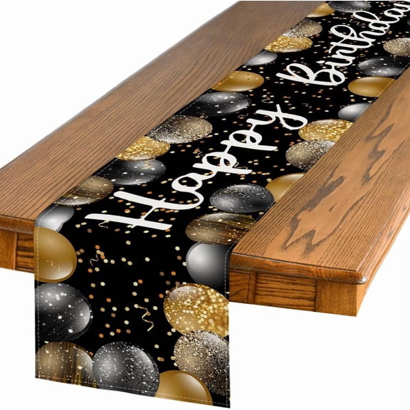 Black and Golden Balloon Happy Birthday Table Runner, Seasonal Kitchen Dining Table Decoration for Home Party Decor 13x72 Inch