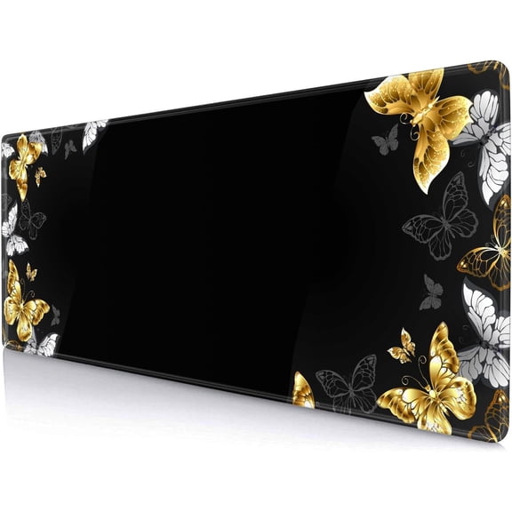 Black and Golden Butterflies Large Mouse Pad, Anti Slip Rubber Mousepad for Desktops, Computer, Keyboard Mouse Mat for Work, Laptop, 31.5 X 11.8 Inch