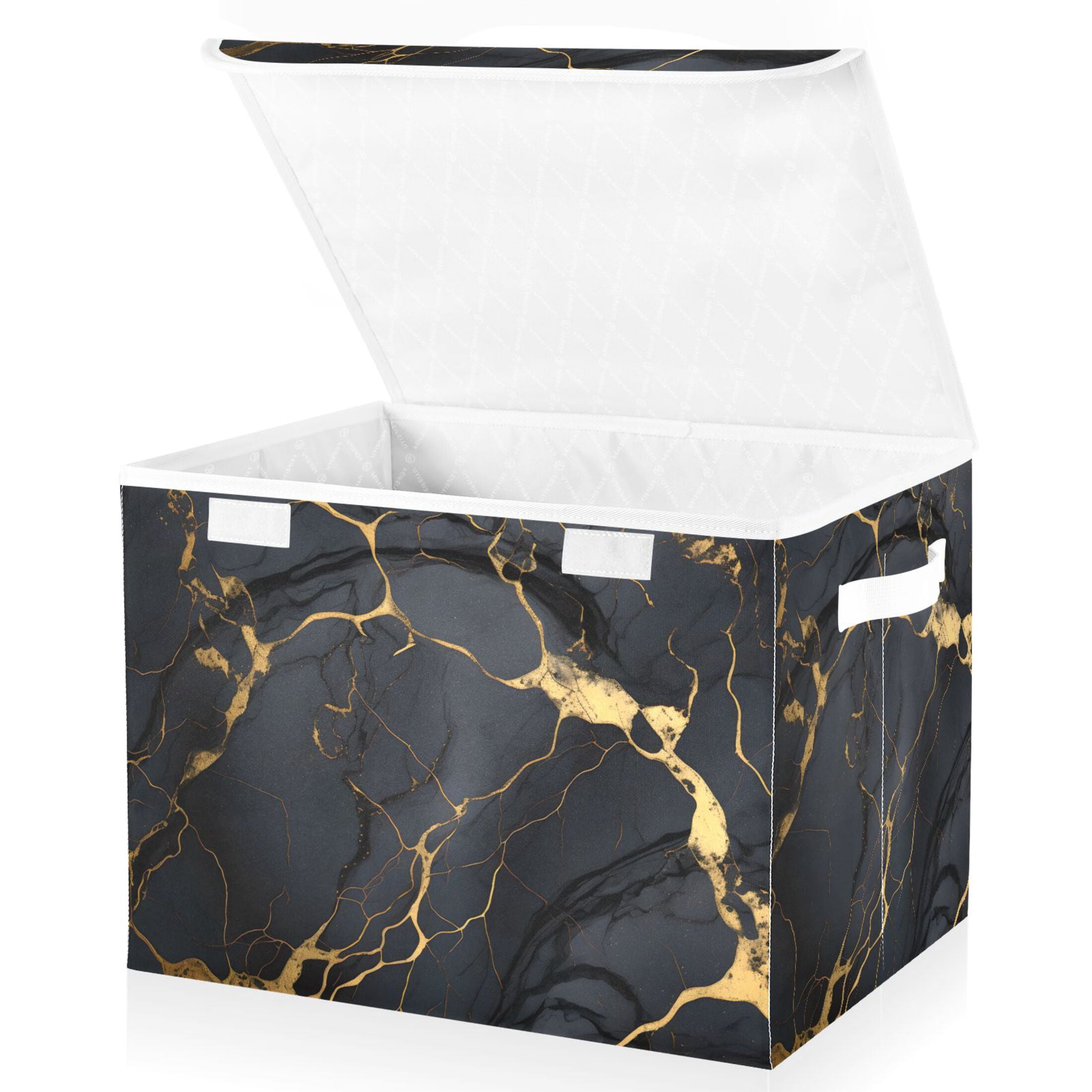 Black and Golden Marble Large Lidded Bin Foldable Storage Baskets Boxes Cubes Lids with 2 Handles for Home Bedroom Office 16.5x12.6x11.8inch