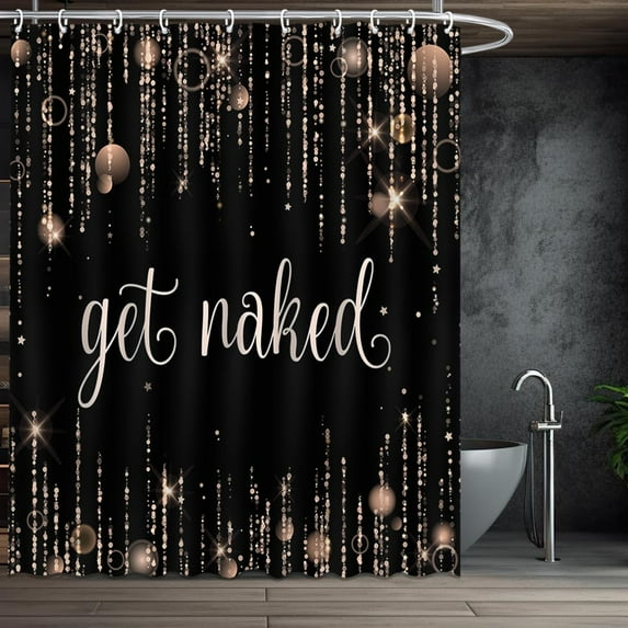 Black and Golden Shower Curtain Get Naked Shower Curtain for Bathroom Modern Glitter Bling Bath Curtain Decor with 12 Hooks 72x72 Inches