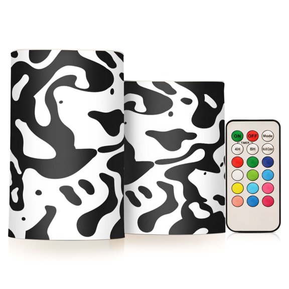 Black and Graffiti Flameless LED Candle Set with Remote, Battery Operated Color Changing Pillar Candles, Set of 2