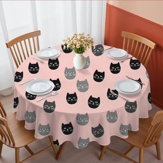 Black and Gray Cat Pink Pattern Round Tablecloth 60"x60", Wrinkle Resistant Wipeable Table Cover for Kitchen Dining Room Picnic Patio and Party