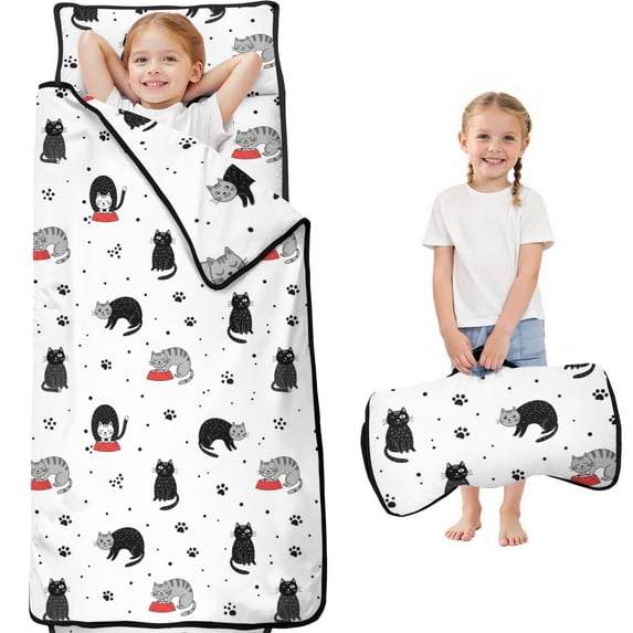 Black and Gray Cat and Dog Paw Print Teens Toddler Nap Mat with Pillow, Sleeping Mat Bag for Preschool Daycare 60"x20"