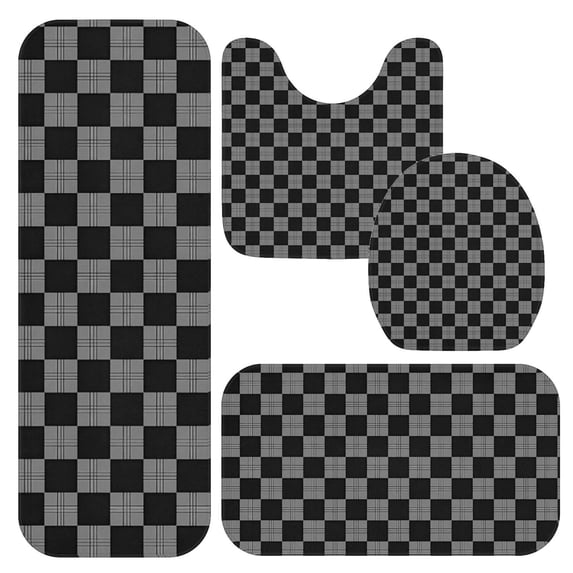 Black and Gray Checkered Pattern Bathroom Rug Set 4 Piece,Includes Contour,Lid Cover,Bath Mat,Non-Slip Extra Soft Absorbent Washable