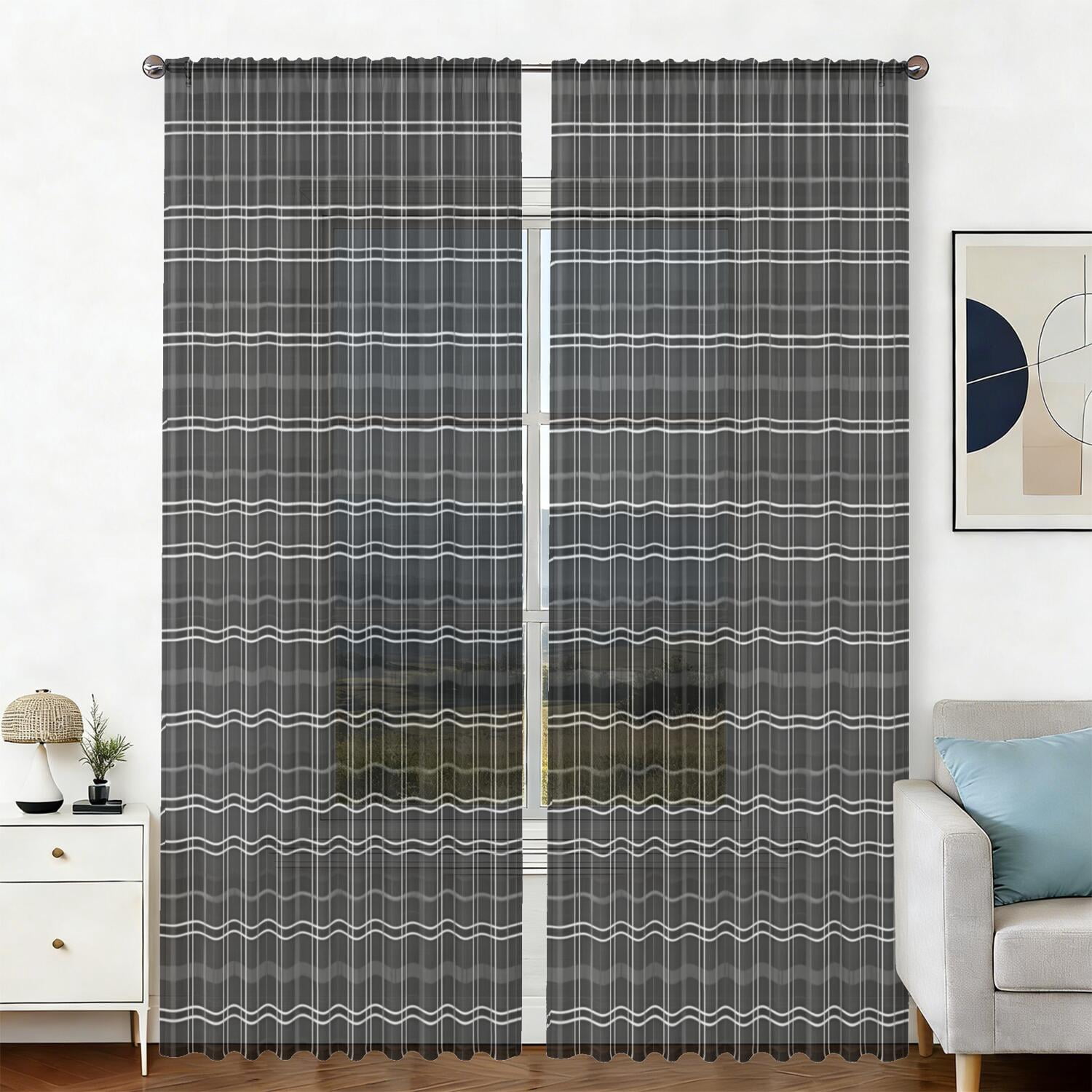 Black and Gray Checkered Pattern Sheer Curtains, Voile Drapes with Dual ...