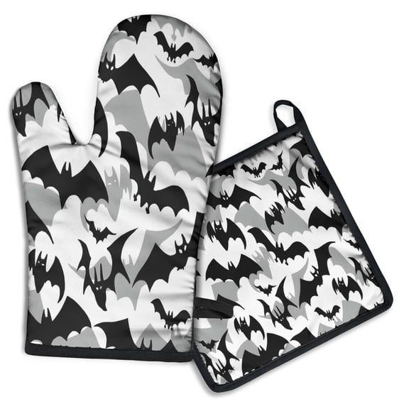 Black and Gray Halloween Bats Kitchen Oven Mitt and Pot Holder Sets 2 Pcs for Baking, Cooking and Grilling, Heat Resistant Up To 392 °F