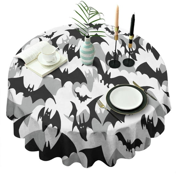 Black and Gray Halloween Bats Round Tablecloth 60"x60",Wrinkle Wipeable Table Cloth for Kitchen Dining Room Picnic Patio Party