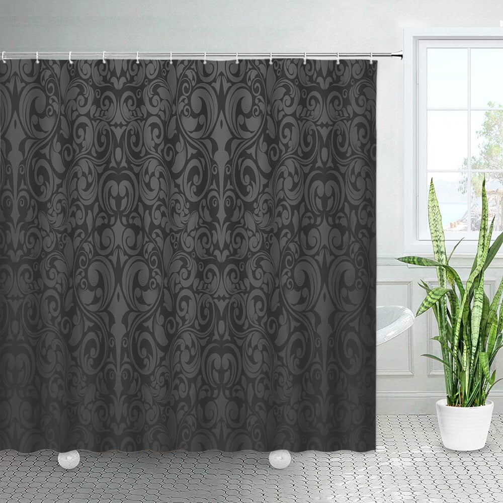 Black and Gray Paisley Floral Shower Curtains Bohemian Flower Retro Ethnic Style Bathroom Decor