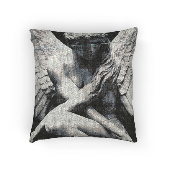 Black and Gray Seated Angel Statue Woven Pillow, Cotton-Polyester Shell, Gothic-Inspired Decor