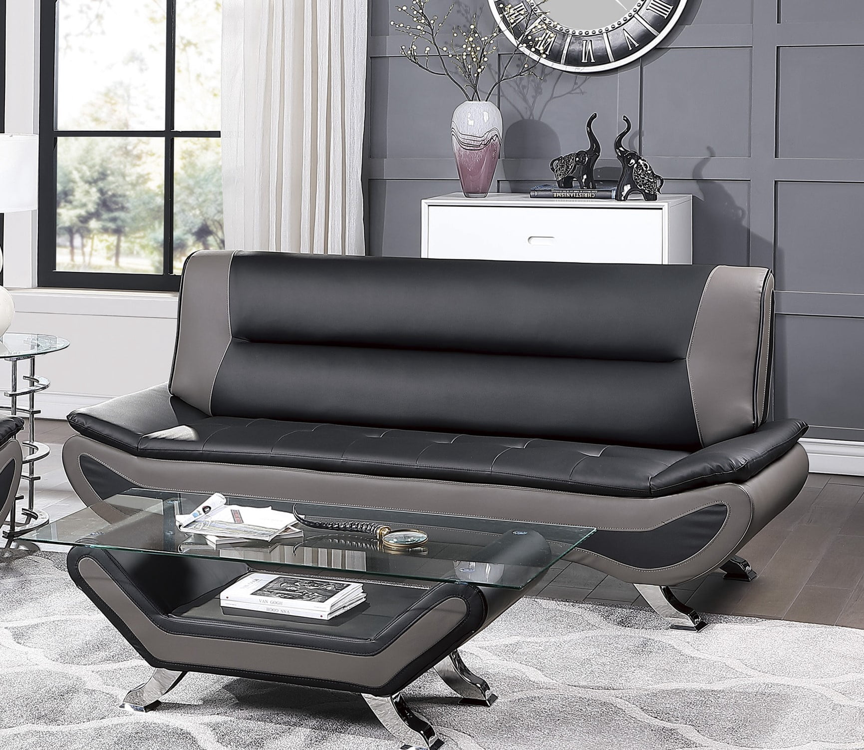 Black and Gray Sofa for Modern Living Room, Chrome Legs, Solid Wood ...